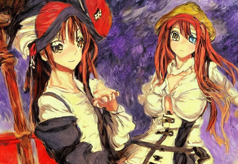 Image similar to wide angle perspective of a female pirate, a thrifty uniform, somewhat of an anime in impressionist style, trending artwork, made with anime painter studio, by claude monet and an anime artist, collaboration