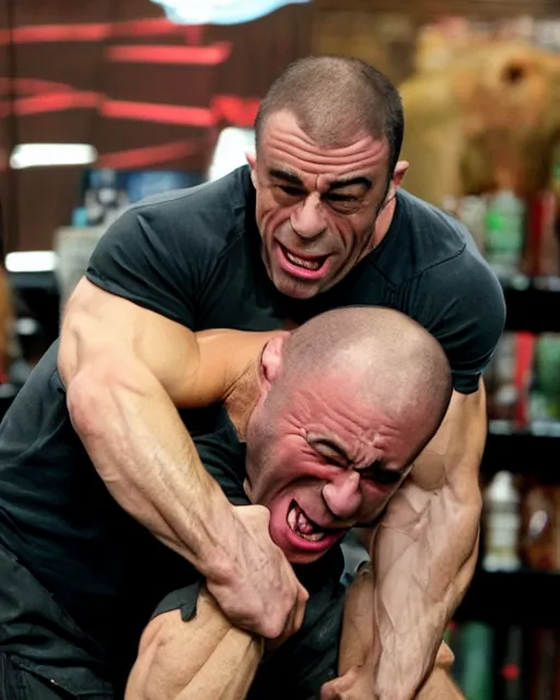 Image similar to Joe Rogan, crazy jacked, choking a nerd