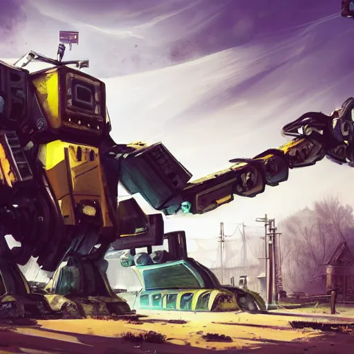 Image similar to Huge mecha robot abandoned under a bridge shaped like spongebob. rusting, apocalyptic dystopia. unreal engine, 4k, trending on artstation, digital painting, highly detailed