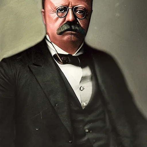 Image similar to a portrait of teddy roosevelt with cyborg enhancements, presidential portrait, hyper detailed