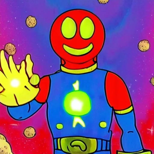 Prompt: bob the tomato destroys the universe with the infinity gauntlet