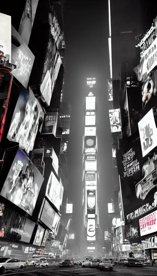 Prompt: 8k high resolution photograph of cyber punk New York Times Square on a foggy night, futuristic, wires hanging across the street, flying cars