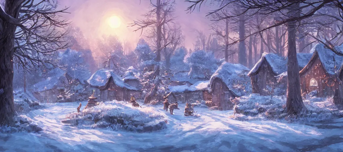 Prompt: Beautiful detailed high quality illustration of an old Slavic village, beautiful forest on background::vibrant winter, romantic mood, morning sunlight::art by Ghibli Studio, League of Legends, Arcane, Wild Rift, trending on artstation