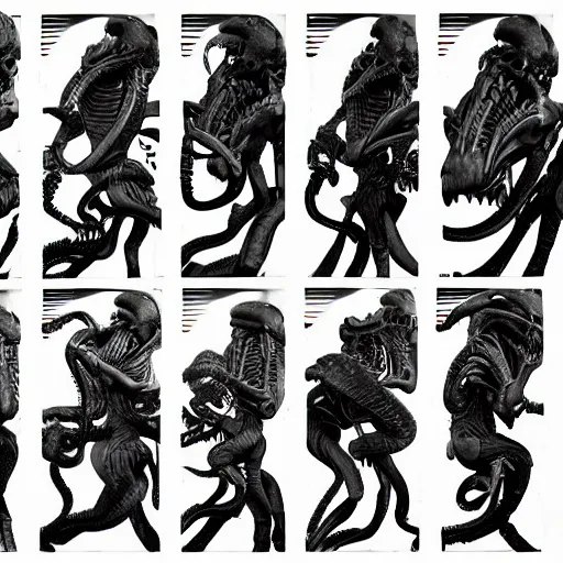 Image similar to xenomorph. film strip. 9 frames.