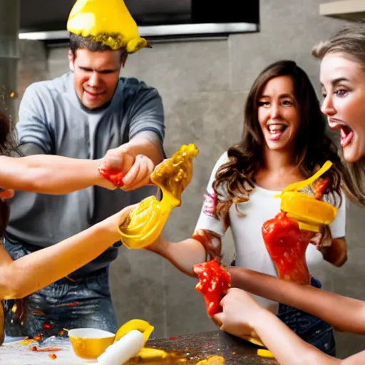 Image similar to people fighting over condiments, messy, condiment fight