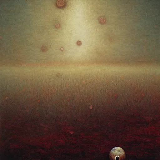 Image similar to a very detailed oil painting of a nightmare landscape scattered with eyeballs and bones, by beksinski, atmospheric, eerie, volumetric light