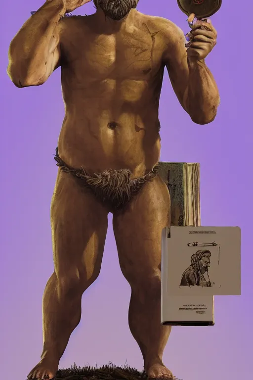 Image similar to saint homo neanderthalis, with book of science, on his right hand, and riffle, on his left hand, without duplicate content, violet polsangi pop art, gta chinatown wars art style, bioshock infinite art style, incrinate, realistic anatomy, hyperrealistic, two colors, white frame, balance content position