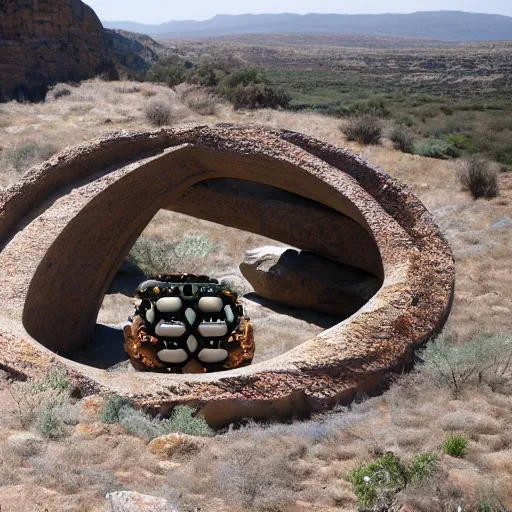 Image similar to a gigantic paleolothic torus made of stone with highly detailed carvings of intricate shamanic robotic electronics and circuitry, in a mediterranean lanscape, inside a valley overlooking the sea