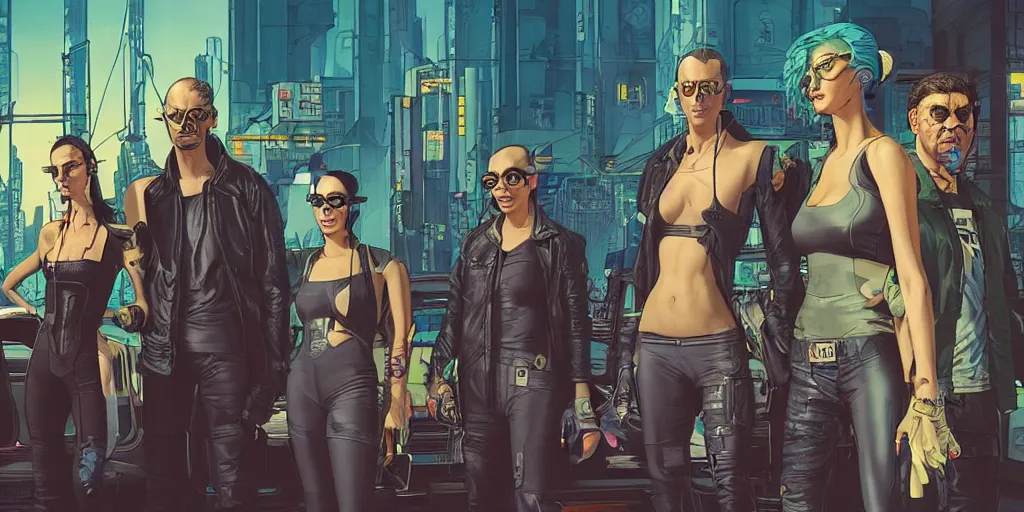 Image similar to cyberpunk heist crew. portrait by stonehouse and mœbius and will eisner and gil elvgren and pixar. character design. realistic proportions. dystopian. cyberpunk 2 0 7 7 character art, blade runner 2 0 4 9 concept art. cel shading. attractive face. thick lines. hi def 4 k. the team. detailed interesting characters. realistic expressive faces.