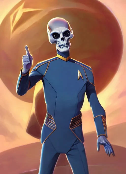 Image similar to cute star trek officer skeletor, natural lighting, path traced, highly detailed, high quality, digital painting, by don bluth and ross tran and studio ghibli and alphonse mucha, artgerm