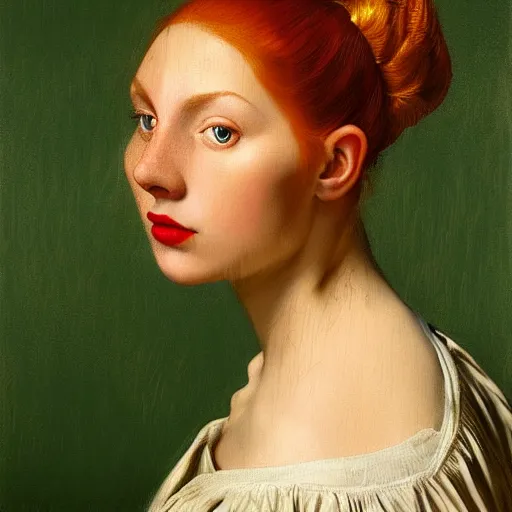 Image similar to a highly detailed portrait, red haired young woman, long hair, green eyes, hint of freckles, round gentle face, cheeky smile with red lips, among golden fireflies and nature by night, deep focus, smooth, sharp, golden ratio, elegant, digital painting by artemisia lomi gentileschi, caravaggio and artgerm