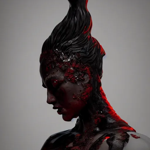 Image similar to sculpture of a woman, gloomy, blood, fire, intricate, elegant, highly detailed, sculpture, artstation, concept art, matte, sharp focus, illustration, octane render, unreal engine, art by michelangelo