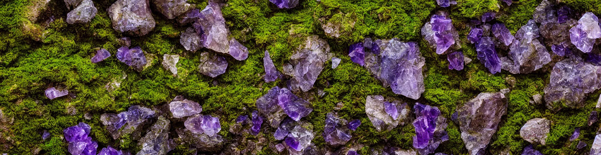 Prompt: stunning, beautiful, mountainous, rock, sand, smoke, amethyst, moss, stream, high contrast, textured, light rays, hdr, 8 k, intricate