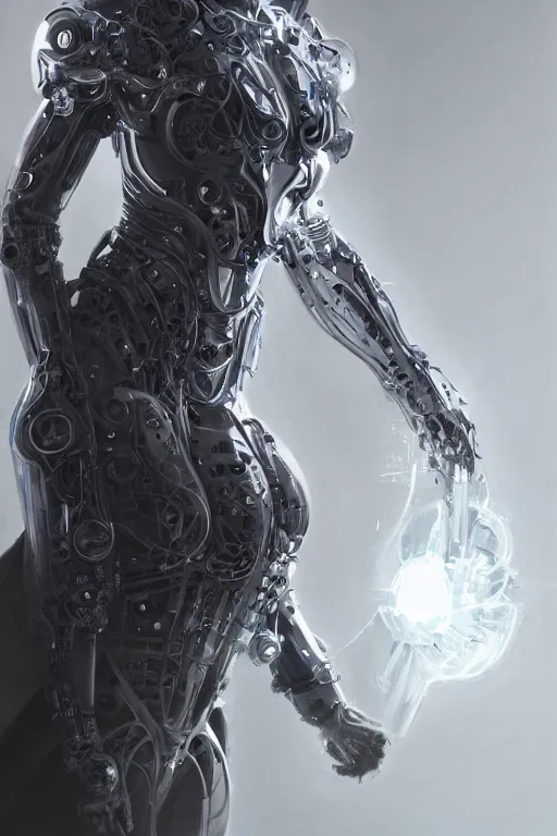 Image similar to beautiful cyborg priestess, scifi, perfect face, futuristic, elegant cape, aura of light, glow, concept art, sharp focus, trending on artstation, hwang se - on, intricate, advanced technology, art by roman makarenko and simon almeida and marcos melco