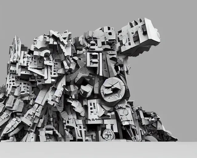 Image similar to minimalist abstract cubist sculpture of hills with random mecha mayan decorations