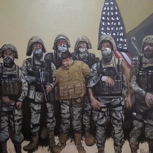 Image similar to A painting of Barney posing with ISIS soldiers in syria, detailed