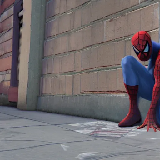 Image similar to Spiderman as a heroin addict street bum, ps5, cinematic