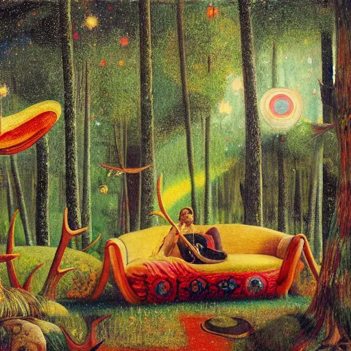 Prompt: psychedelic couch sofa in the lush pine forest, milky way, guitar, moose antlers, designed by arnold bocklin, jules bastien - lepage, tarsila do amaral, wayne barlowe and gustave baumann, cheval michael, trending on artstation, star, sharp focus, colorful refracted sparkles and lines, soft light, 8 k 4 k