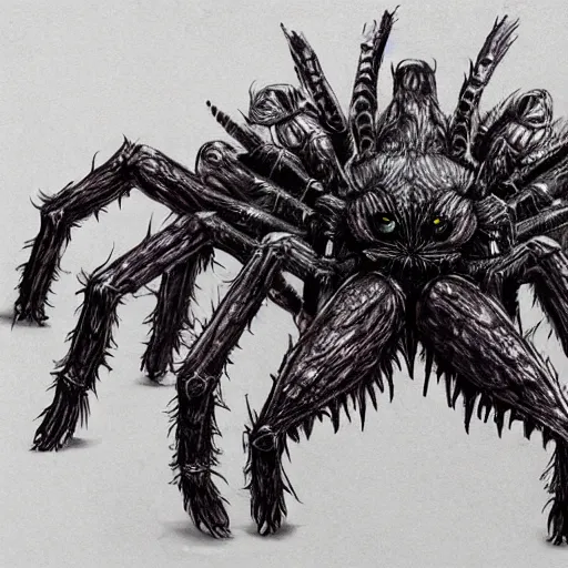 Image similar to d & d monster, huge spider monster with 1 0 0 eyes, each leg covered in mouths, dark fantasy, concept art, character art