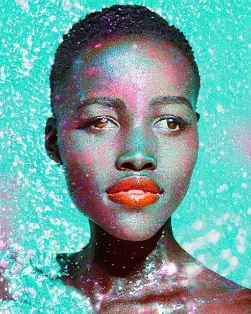 Image similar to oversaturated, burned, light leak, expired film, photo of lupita nyong'o's serene face submerged in a flowery milkbath, rippling liquid, vintage glow, sun rays, black and white, glitched pattern