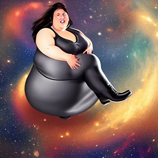 Prompt: fat woman with cowboy boots floating in space, photorrealistic