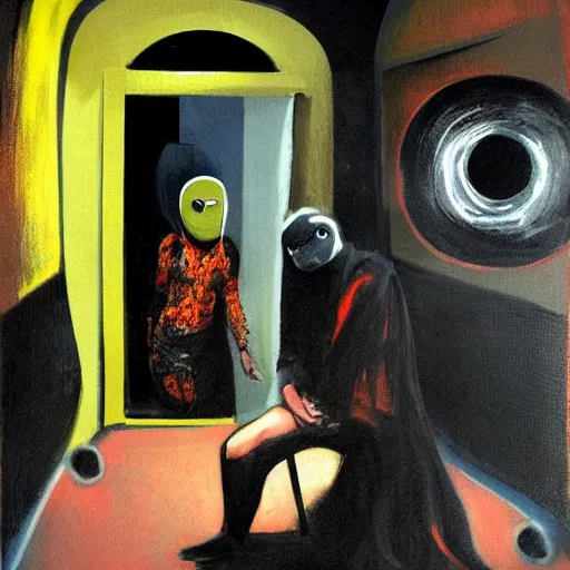 Prompt: portrait of man and woman in ski - masks going through portal in living room. floating dark energy surrounds them. there is one cow to the side of the room, surrounded by a background of dark cyber mystic alchemical transmutation heavenless realm, fish eye lens, cover artwork by francis bacon and jenny seville, midnight hour, part by adrian ghenie