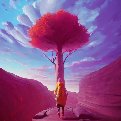 Prompt: giant cherry tree as a head, girl walking in a canyon, surreal photography, sunrise, dramatic light, impressionist painting, colorful clouds, digital painting, artstation, simon stalenhag