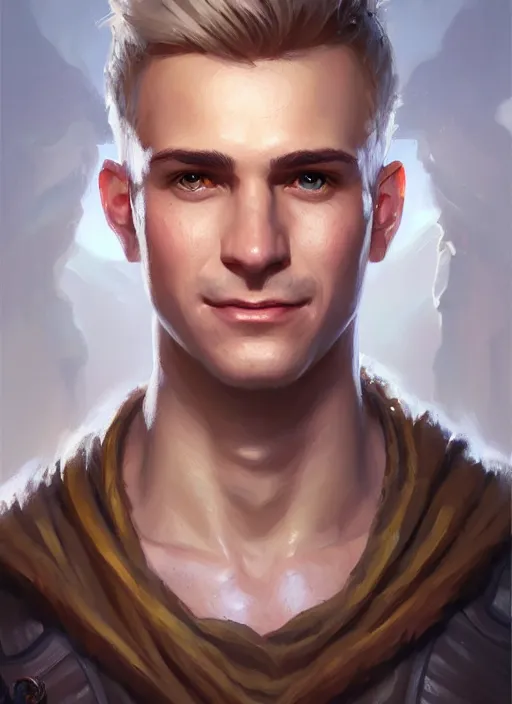 Prompt: a _ fantasy _ style _ portrait _ painting _ of white male short fringe light brown hair short head smiling clean shaven round face rpg dnd oil _ painting _ unreal _ 5 _ daz. _ rpg _ portrait _ extremely _ detailed _ artgerm _ greg _ rutkowski _ greg