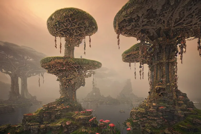 Prompt: photography of a beautiful archipelago of never seen before stunning ancient indian temple and palaces. complex intricate pilars patern, runes. trees water and flowers. afternoon light, inspiring science fiction, intricate, elegant, uplifting, inspirational, unreal engine 5, highly detailed by beksinski