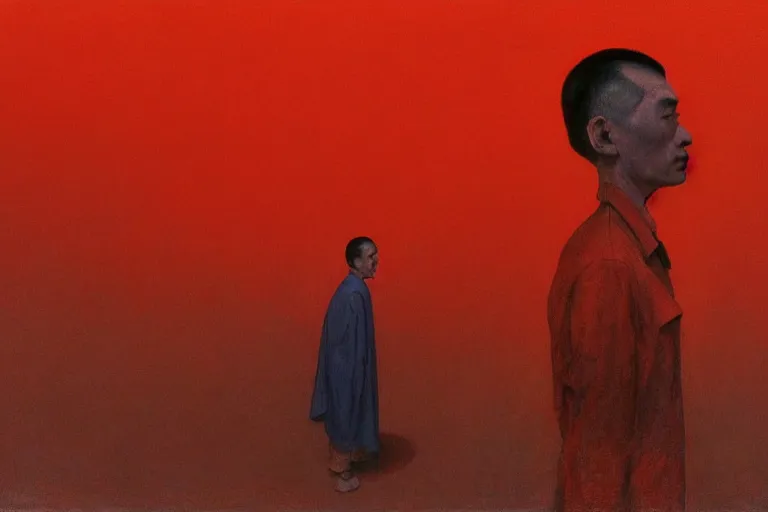 Image similar to a uyghur prisoner, in the style of beksinski, parts by edward hopper, parts by rodcenko, parts by yue minjun, intricate and epic composition, symmetrical, red by caravaggio, insanely quality, highly detailed, masterpiece, red light, artstation, 4 k