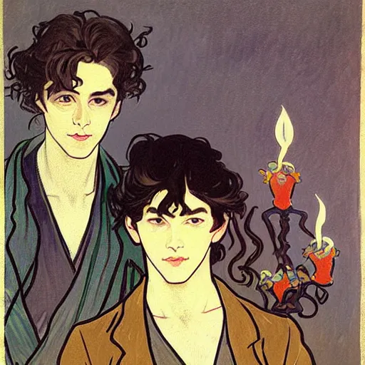 Image similar to painting of young cute handsome beautiful dark medium wavy hair man in his 2 0 s named shadow taehyung and cute handsome beautiful min - jun together at the halloween! party, bubbling cauldron!, candles!, smoke, autumn! colors, elegant, wearing suits!, clothes!, delicate facial features, art by alphonse mucha, vincent van gogh, egon schiele