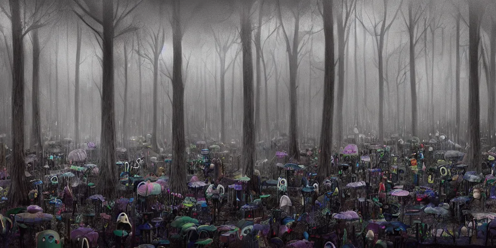 Prompt: a forest of weeping ghosts, carnival, playground, sad, dark, melancholy, night, rain, extremely, wide angle, super highly detailed, professional digital painting, artstation, concept art, smooth, sharp focus, no blur, no dof, extreme illustration, Unreal Engine 5, Photorealism, HD quality, 8k resolution, cinema 4d, 3D, beautiful, cinematic, art by artgerm and greg rutkowski and alphonse mucha and loish and WLOP