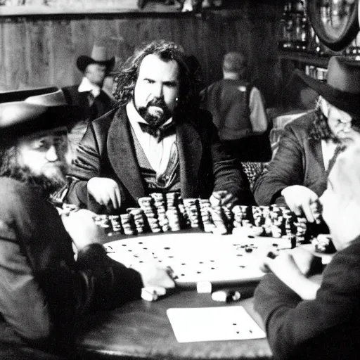 Prompt: Peter Jackson playing poker in a saloon, shotguns