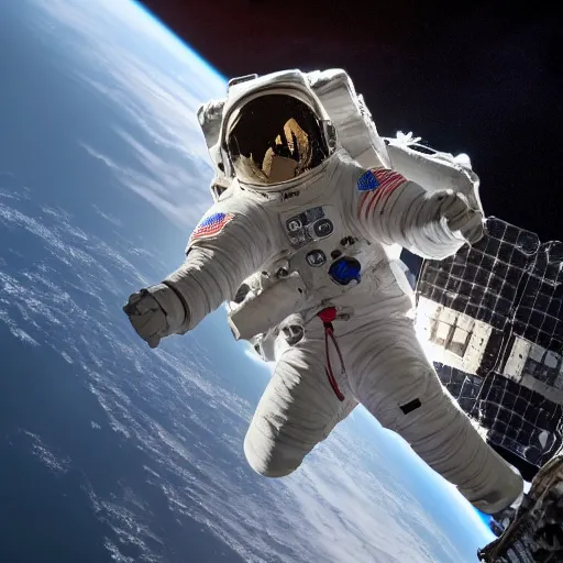 Image similar to photograph of an astronaut in space, singular light source from below, earth only visible below, darkness above, full body photo, amazing light and shadow contrast, 8 k