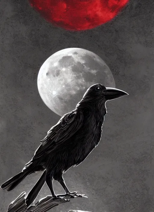 Image similar to portrait, A crow in front of the full big moon, book cover, red white and black colors, establishing shot, extremly high detail, foto realistic, cinematic lighting, pen and ink, intricate line drawings, by Yoshitaka Amano, Ruan Jia, Kentaro Miura, Artgerm, post processed, concept art, artstation, matte painting, style by eddie mendoza, raphael lacoste, alex ross