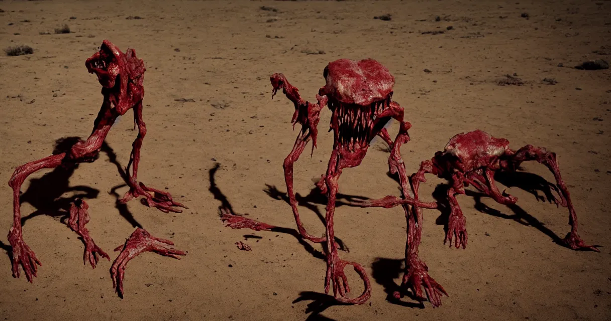 Image similar to in the desert a bloody gross horrifying The Thing creature made of muscle and bone and blood stares at the camera, eating, mid day, 35mm photography, realistic,