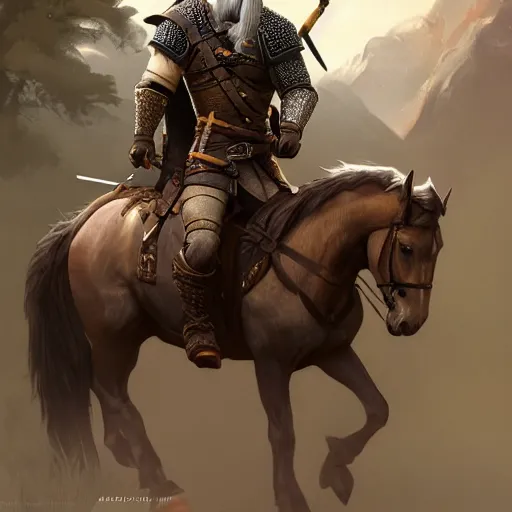 Image similar to geralt the witcher 3 riding a horse with obama, d & d, fantasy, intricate, elegant, highly detailed, digital painting, artstation, concept art, matte, sharp focus, illustration, hearthstone, art by artgerm, art by greg rutkowski, art by alphonse mucha