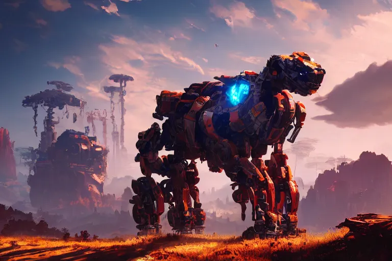 Image similar to scrapper machine mecanical creature robot of horizon forbidden west horizon zero dawn radiating a glowing aura global illumination ray tracing hdr fanart arstation by ian pesty and alena aenami artworks in 4 k