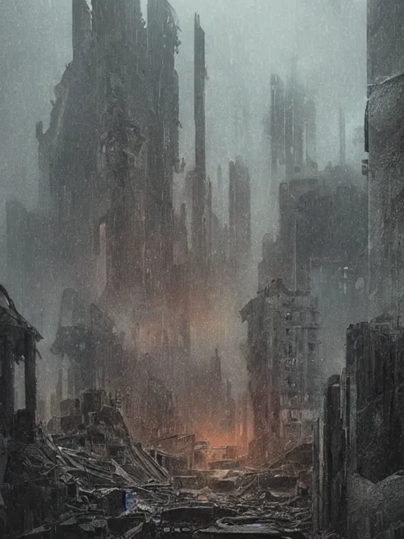 Image similar to a dark ruin city of a heart among the brutalism wreckage buildings in the rain,at dusk,by Hugh Ferriss,James Paick,Greg Rutkowski,aaron horkey,trending on pinterest,Blade Runner 2049,luxury,mythological,ultra realistic,high detail,golden ratio,cinematic lighting,maximalist