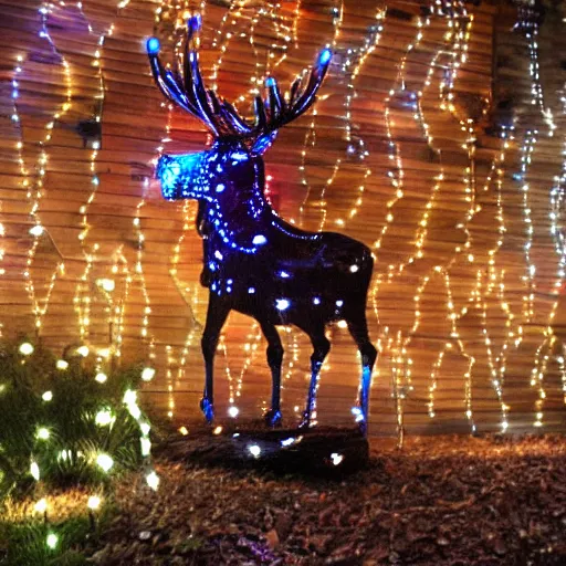 Prompt: Bull Moose sculpture made from Christmas lights