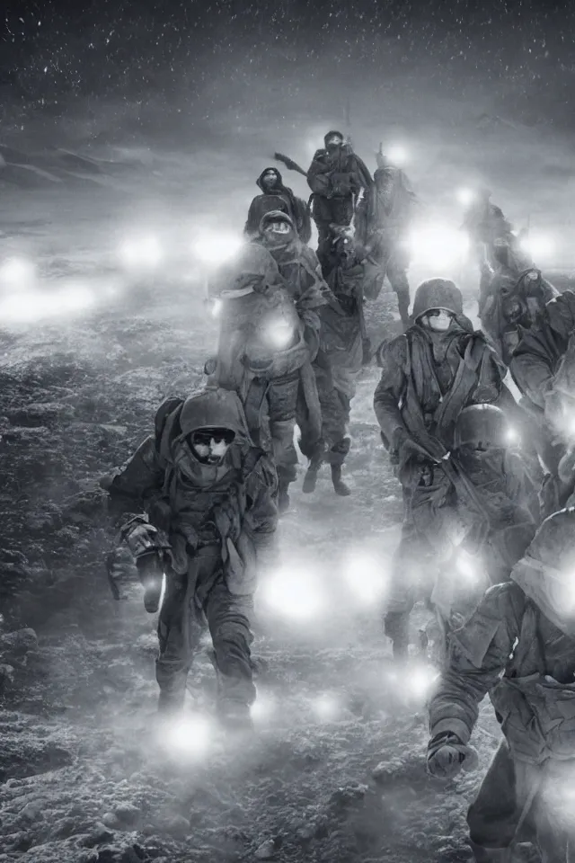 Prompt: a portrait of ww 2 american soldiers entering the star gate to agartha from antarctica, realistic, highly detailed, fantasy, early 2 1 st century film quality, b & w, 4 k