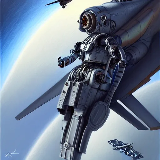 Image similar to the beautiful robotic pilot, surreal, fantasy, intricate, mechanical, elegant, dramatic, piloting a fighter jet, highly detailed, gears, lifelike, photorealistic, digital painting, painterly, artstation, concept art, smooth, head in focus, sharp focus, background aerial battle, illustration, art by John Collier and Krenz Cushart and Artem Demura and Alphonse Mucha and Albert Aublet,