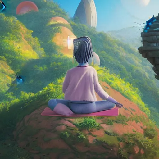 Prompt: a person meditating on hillside, next to a cute cat, concept art by chris labrooy, cgsociety, retrofuturism, sci - fi, concept art, futuristic