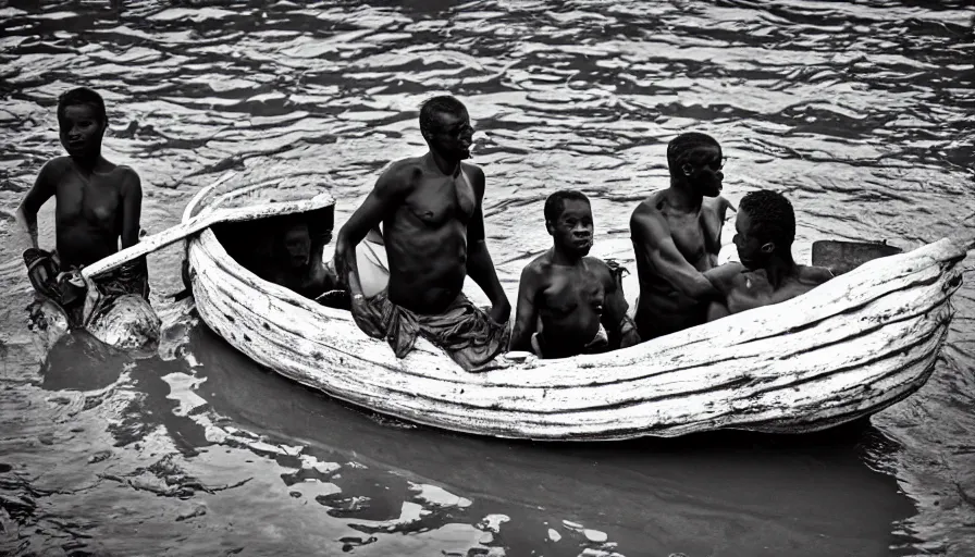 Image similar to movie still by djibril diop mambety of a man in a barque made of flesh on a blood river, leica sl 2, heavy grain, high quality, high detail