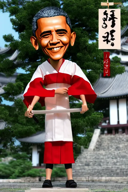 Prompt: full body 3d render of barack obama as an chibi figurine wearing a beautiful kimono, shinto shrine, blender, trending on artstation, 8k, highly detailed, bokeh, depth of field