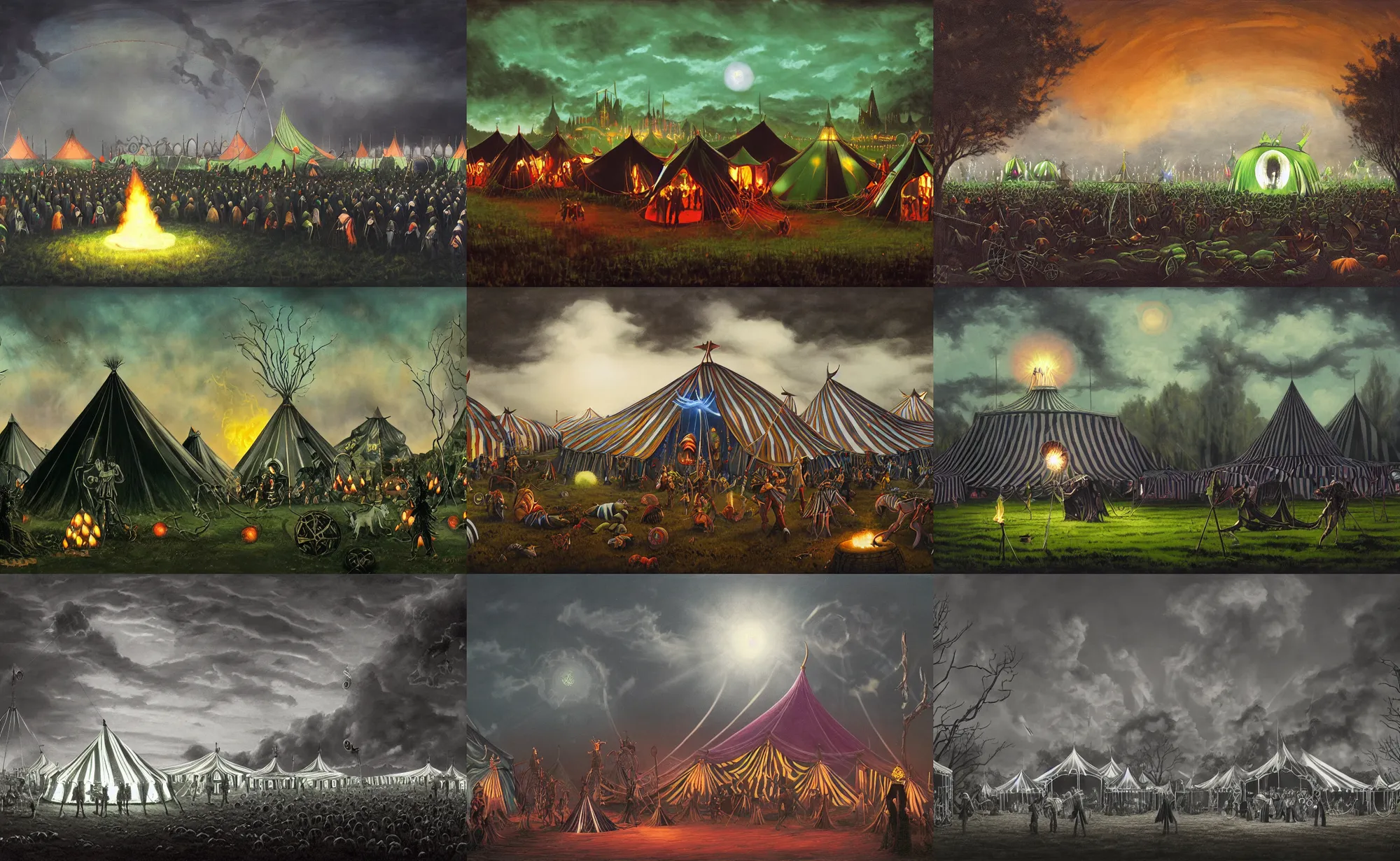 Prompt: magical circus in a field at night with huge tents in a circle formation that have black and white stripes, a giant cauldron that has a green flame in the center, artwork by gerald brom, masterpiece, 4 k