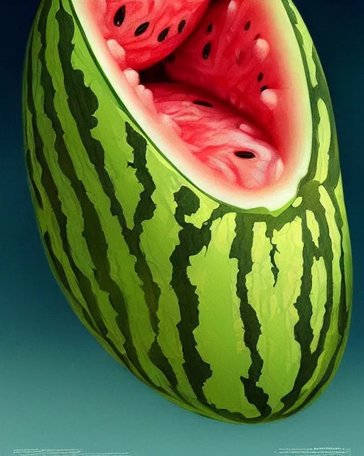 Prompt: a watermelon womb, baby in a transparent womb made of watermelon, gestation inside a watermelon, transparent, highly detailed, digital painting, artstation, concept art, smooth, sharp focus, illustration, art by artgerm and greg rutkowski and alphonse mucha