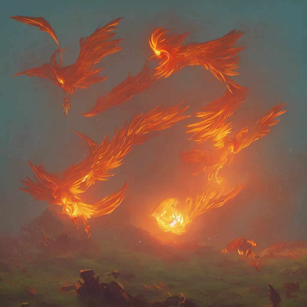 Prompt: art of a phoenix from dota 2. when the time is right, it can become a burning sun before unleashing a stunning detonation that also restores phoenix to full strength. art by simon stalenhag