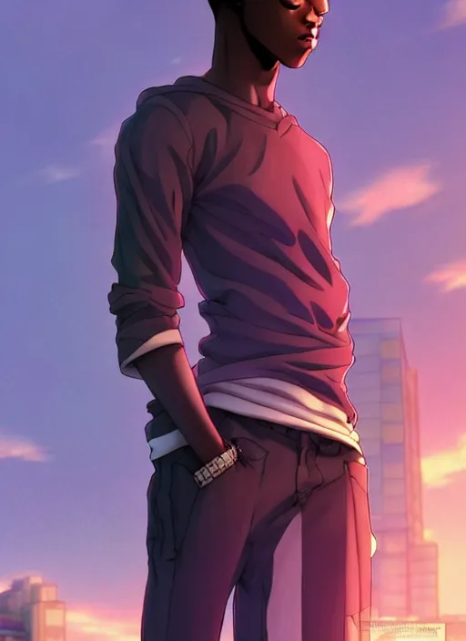 Prompt: handsome hip hop young black man in the city, model pose, sad, anime style, scenery wallpaper aesthetic, pastel colors, symmetrical face, cinematic, dramatic, super detailed and intricate, hyper realistic, 4 k render, by artgerm, by kyoung hwan kim, by ralph mcquarrie, by yoshiyuki tomino