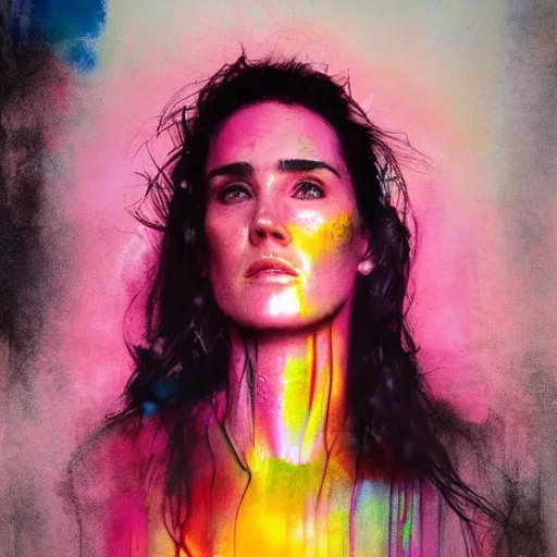 Prompt: jennifer connelly by cy Twombly and BASTIEN LECOUFFE DEHARME, pink and yellow, iridescent, volumetric lighting